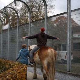 Ein Mann sitzt mit ausgebreiteten Armen auf einem Pferd, das von einer Frau am Sicherheitszaun entlang geführt wird.