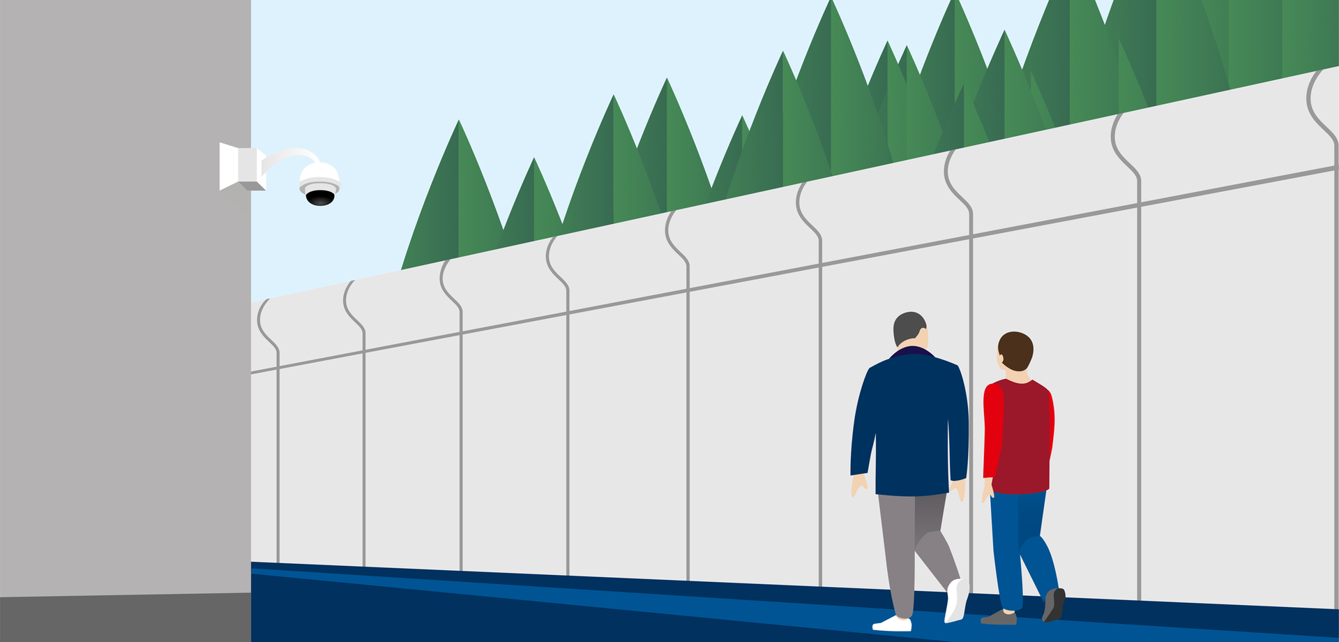 Eine Illustration zeigt zwei Männer, die an einer Mauer entlang gehen. Im Vordergrund ist eine Kamera an einer Hauswand zu sehen.